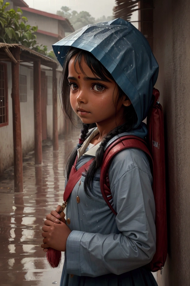 An Indian girl going to school in the rain