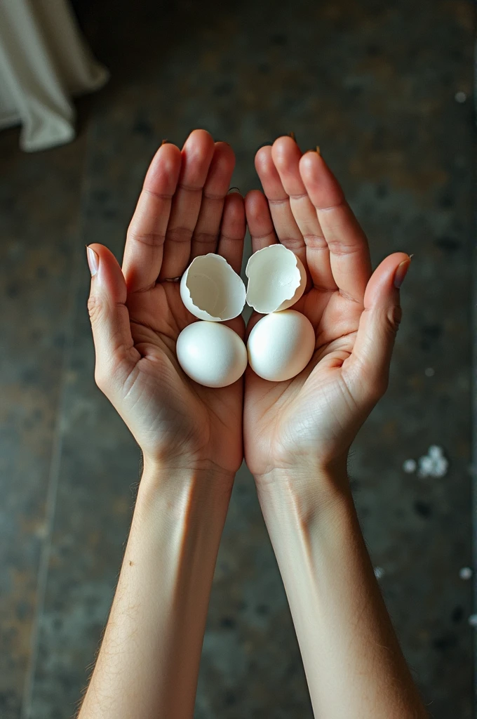 create an image based on this text "All the eggshells are on the floor And I try, I&#39;m trying to catch them But they break and disintegrate, It&#39;s too fragile for me to touch
All the eggshells are on the floor And I try, I&#39;m trying to catch them But they break and disintegrate, It&#39;s too fragile for me to touch" but focusing on the person&#39;s hands and the angle of the image has to be from above