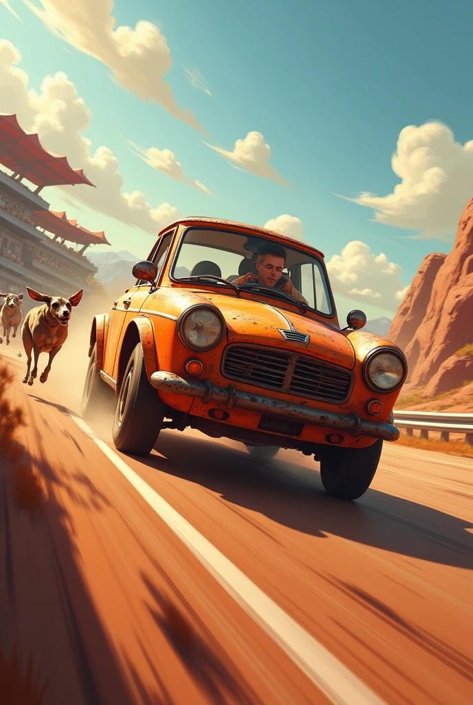 Rusty’s orange car overtakes the greyhound and rabbit on a challenging section of the track, with the dog and rabbit looking determined but weary. The orange car is depicted with speed lines, emphasizing its sudden burst of speed.
