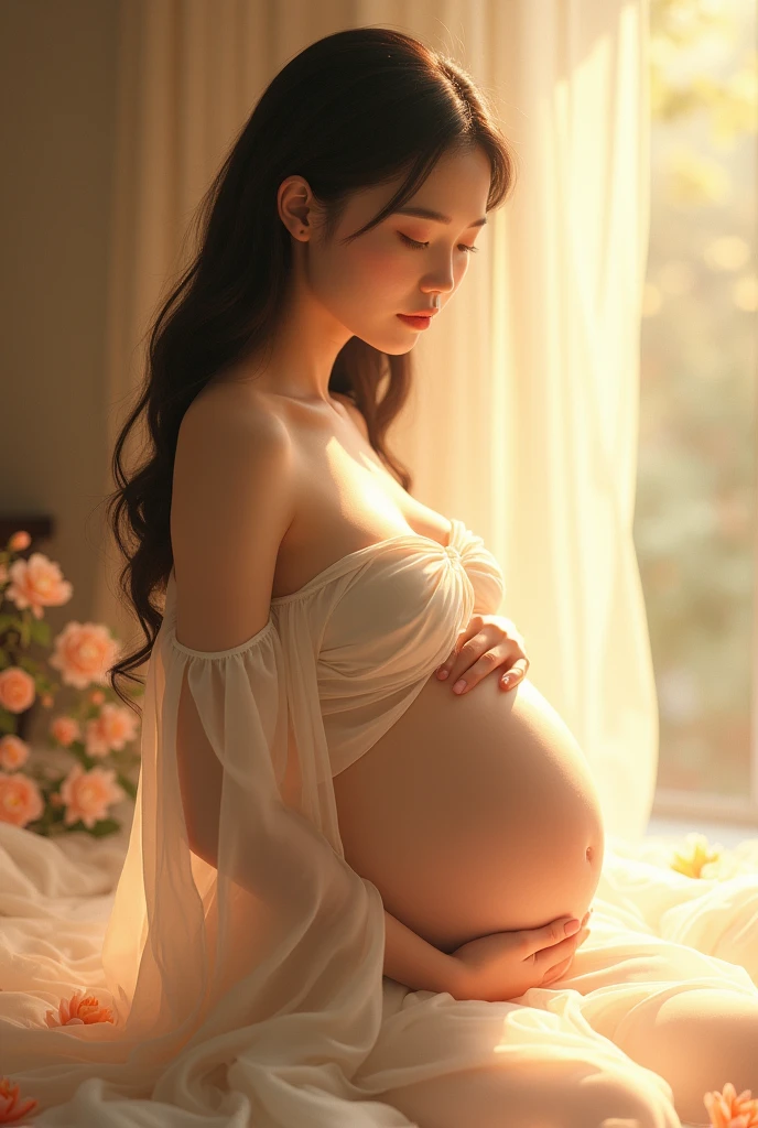 Beautiful Asian woman with fair skin pregnant with twins