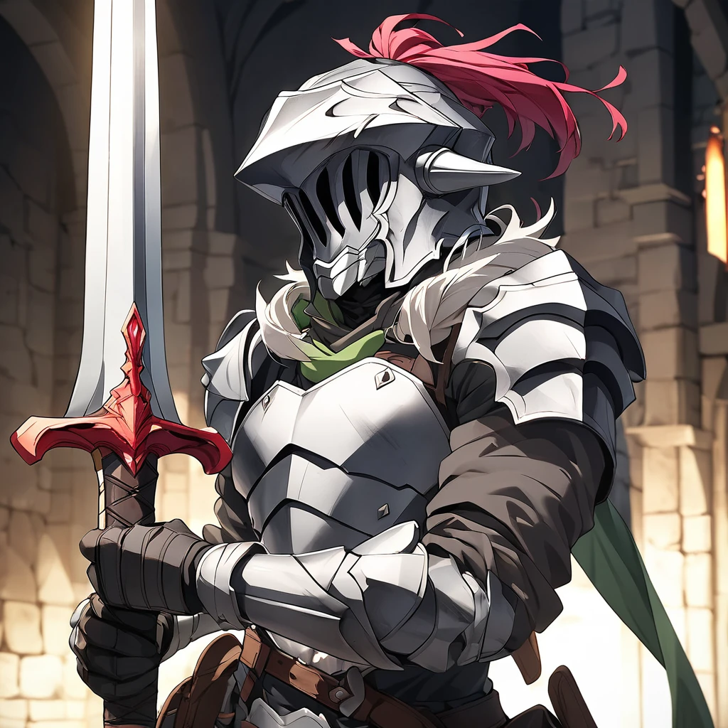 1male, goblin slayer \(goblin slayer!\), goblin slayer!, armor, holding sword, sword, ダンジョン内  break masterpiece、Beautiful attention to detail:1.2, Perfect lighting, (perfect hand, perfect anatomy), Precise depiction、Vibrant colors