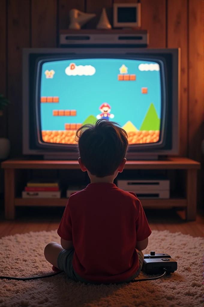 Image of a  with his back turned looking at the TV playing Super Mario on his Super Nintendo, in an environment from the 90s