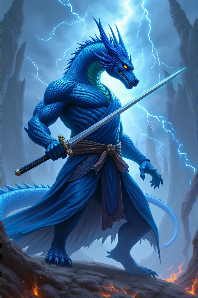 Blue dragon with Katana & ninja coustume with blue lightning & small fire