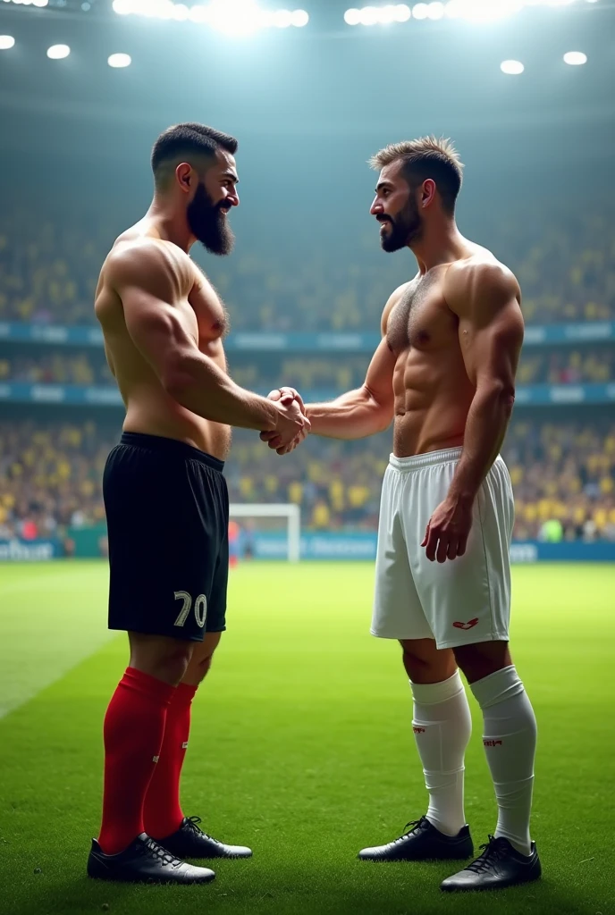 A muscular Iranian football player with hairy chest hair and beard, wearing no shirt, black shorts and red socks and black boots, shaking hands with a Brazilian soccer player, wearing no shirt, White shorts, in white socks and white boots, on the lawn of the large football stadium full of people.