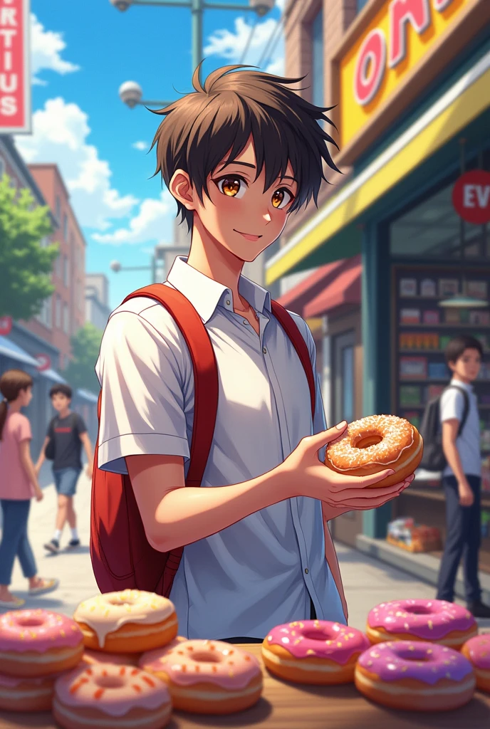 anime style digital art highschool boy buying donuts