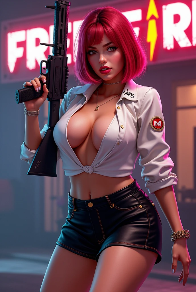 Freefire game style character all sexy, of skin jambo, short medium copper red hair, dark brown eyes, wearing red lipstick, wearing a short white low-cut blouse with the name SOLENE written on it and a short black skirt and high white shoes, holding a beautiful mp5 and making a stylish pose, with colored background and the name of the game FREEFIRE behind.