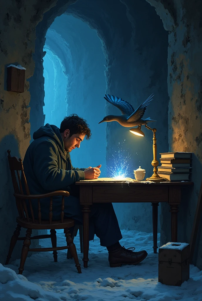 ### 4. **The Second Act of Charity**
- **Description**: In a dark and cold attic, A young playwright sits at his desk. the walls, cracked and discolored, They can't hold back the cold wind that blows in from all sides.. The playwright, Defeated by poverty and loneliness, contemplates his unfinished work, without strength to continue. His hands tremble with cold and despair, but his mind, exhausted, finds no comfort. Meanwhile, the sparrow, obeying the Happy Prince, He carefully plucks out one of his sapphire eyes and brings it to the playwright.. Falling gently onto the desk, Sapphire emits a brilliant flash that lights up the room. The young man, surprised, takes the gem in his hands and, feeling its weight and shine, regain hope. With new determination, He is preparing to finish his work, knowing that someone, Somewhere, has believed in him.