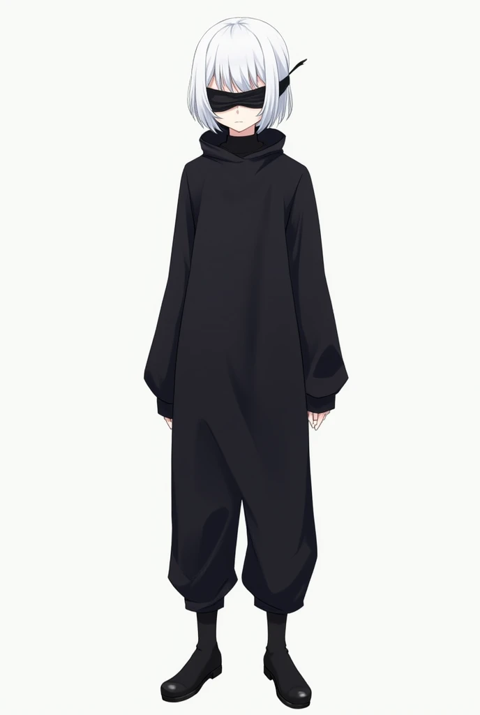 My character is an adult, has blue eyes and short white hair., but he uses a black blindfold to cover his eyes, he is from an anime, he wears a slightly tight outfit that covers his entire body except for his hands, the outfit is also black, the shoes are too, and lastly, his skin color is white and he doesn't wear a cape.