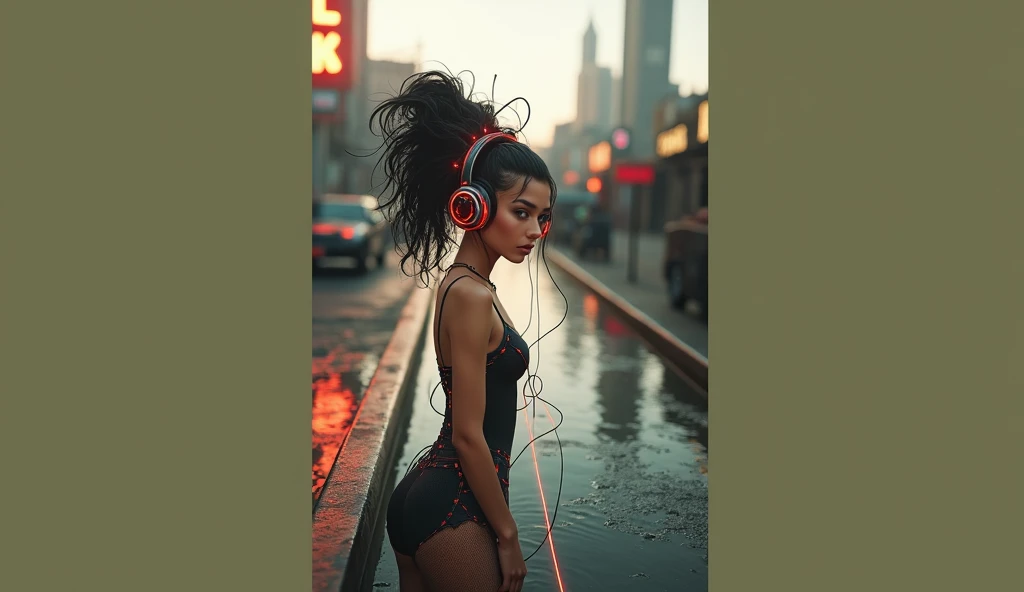 cyberpunk Persian girl, glowing wires, headphone,  dark city, reflective puddles, neon signs,, Photorealistic, Hyperrealistic, Hyperdetailed, analog style, soft lighting, subsurface scattering, realistic, heavy shadow, masterpiece, best quality, ultra realistic, 8k, golden ratio, Intricate, High Detail, film photography, soft focus, RAW candid cinema, 16mm, color graded portra 400 film, remarkable color, ultra realistic,