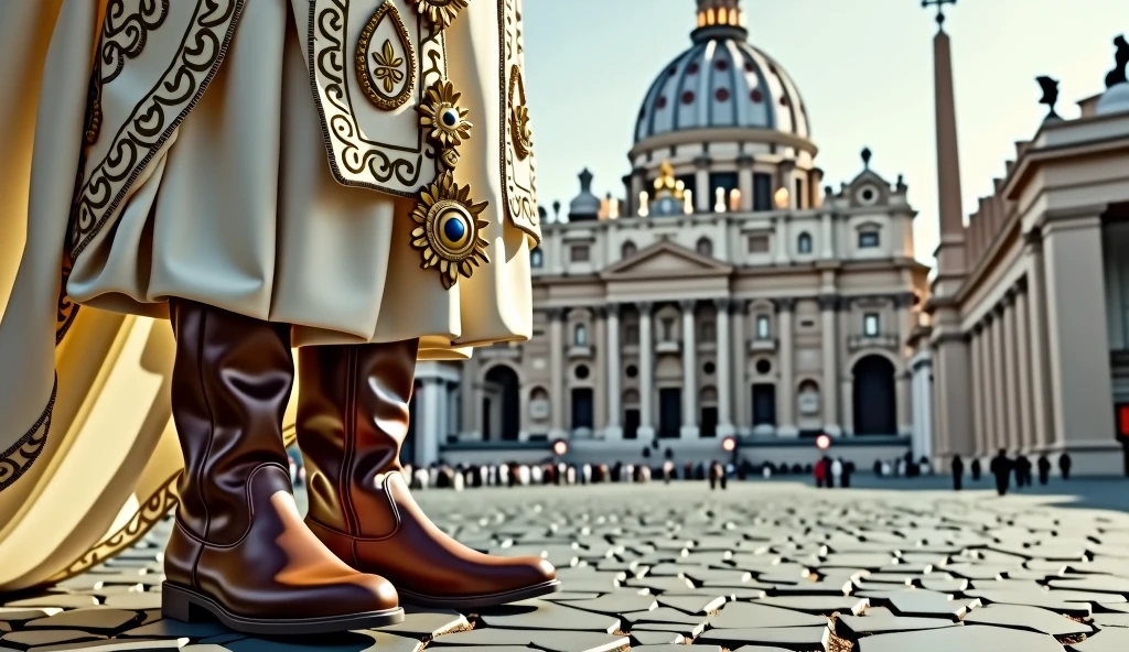 Scene set in St. Peter's Square in the Vatican. The focal point of this image is the brown no laces ankle boots the Pope is wearing. White clothes and highly ornately decorated outfit with papal insignia. The background is St. Peter's Square in the Vatican. The scene captures the moment of religious significance and the historical and artistic richness of St. Peter's Square. Ultra-realistic photo, 16k, ultra high resolution, photorealistic, Ultra HD.