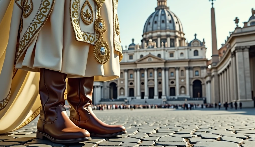 Scene set in St. Peter's Square in the Vatican. The focal point of this image is the brown no laces ankle boots the Pope is wearing. White clothes and highly ornately decorated outfit with papal insignia. The background is St. Peter's Square in the Vatican. The scene captures the moment of religious significance and the historical and artistic richness of St. Peter's Square. Ultra-realistic photo, 16k, ultra high resolution, photorealistic, Ultra HD.