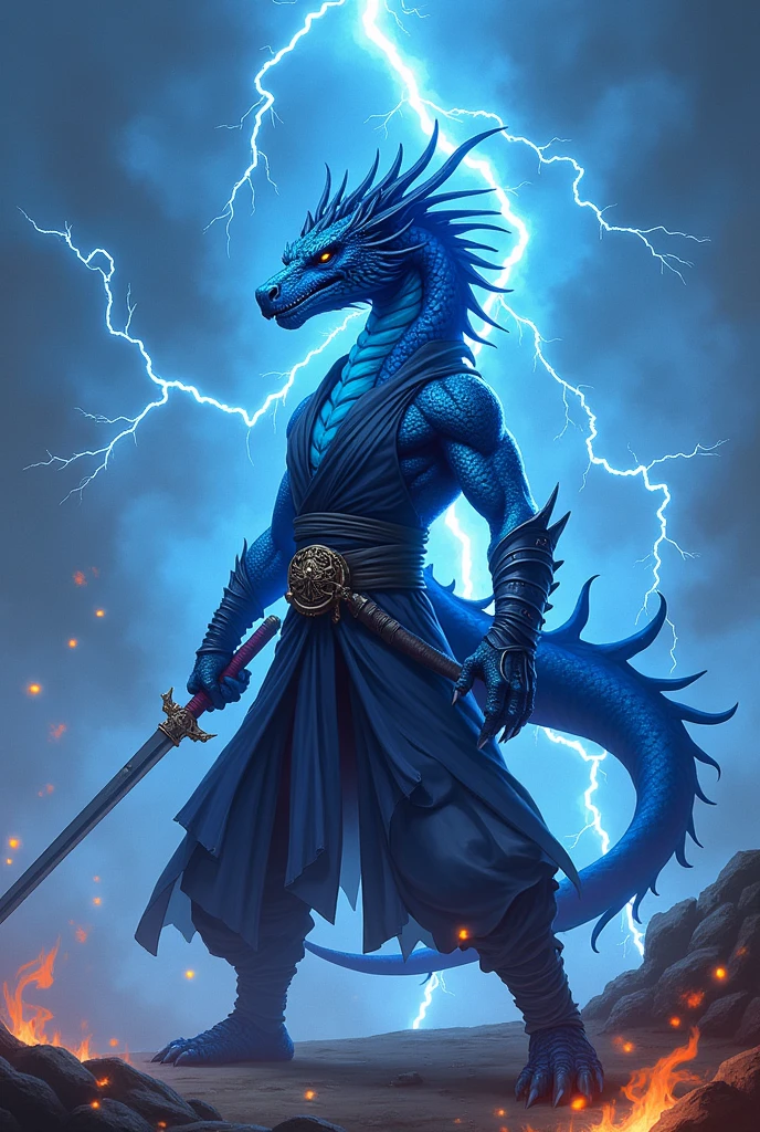 Blue dragon with Katana & ninja coustume with blue lightning & small fire 