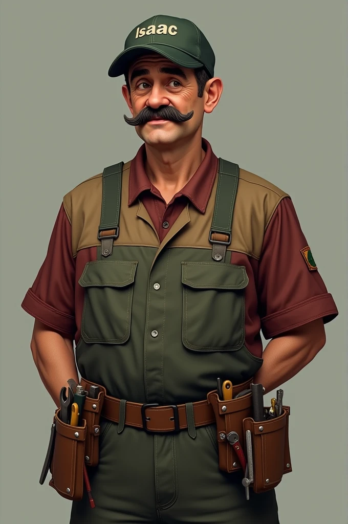 Personnage inspiré d'un réparateur avec des outils attaché a sont bassin une casquette verte très foncé ou il a écrit isaac déçu des vêtements de réparation marrons mélangé a du rouge foncé un pantalon de réparateurs qui es marron mélangé a du vert très clair des chaussures de réparateur une moustache des yeux noir est blanc