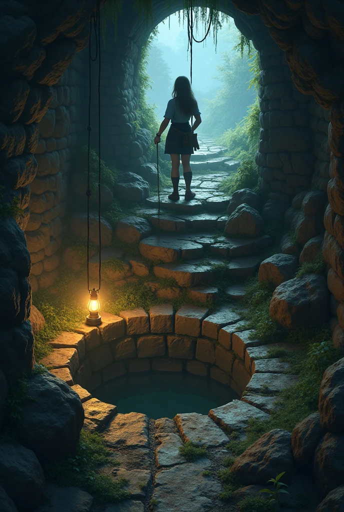 *Clara arrives in front of an old well, partially covered with vegetation. She prepares a rope to descend carefully. The light of the lamp illuminates the inside of the well as she slowly descends.*
*At the bottom, she finds a tin box, rusty and dusty.*