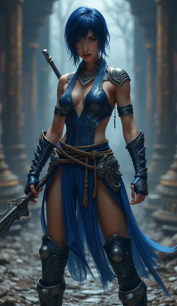 Create an image of an Asian female warrior inspired by Kitana from Mortal Kombat. She should have short, dark blue hair, styled in a way that highlights her sharp, striking features. Her eyes should be large and vibrant blue, conveying a sense of determination and mystery. She is dressed in a sleek, form-fitting battle outfit, with dark blue and silver tones, featuring armor elements like metallic gauntlets, a chest plate, and knee-high boots, all adorned with intricate designs. She holds a formidable, intricately designed iron weapon in her hand, poised for combat. The background should depict a dimly lit, ancient temple or a battlefield, with an atmosphere of tension and readiness for battle, emphasizing her elegance and deadly skill.