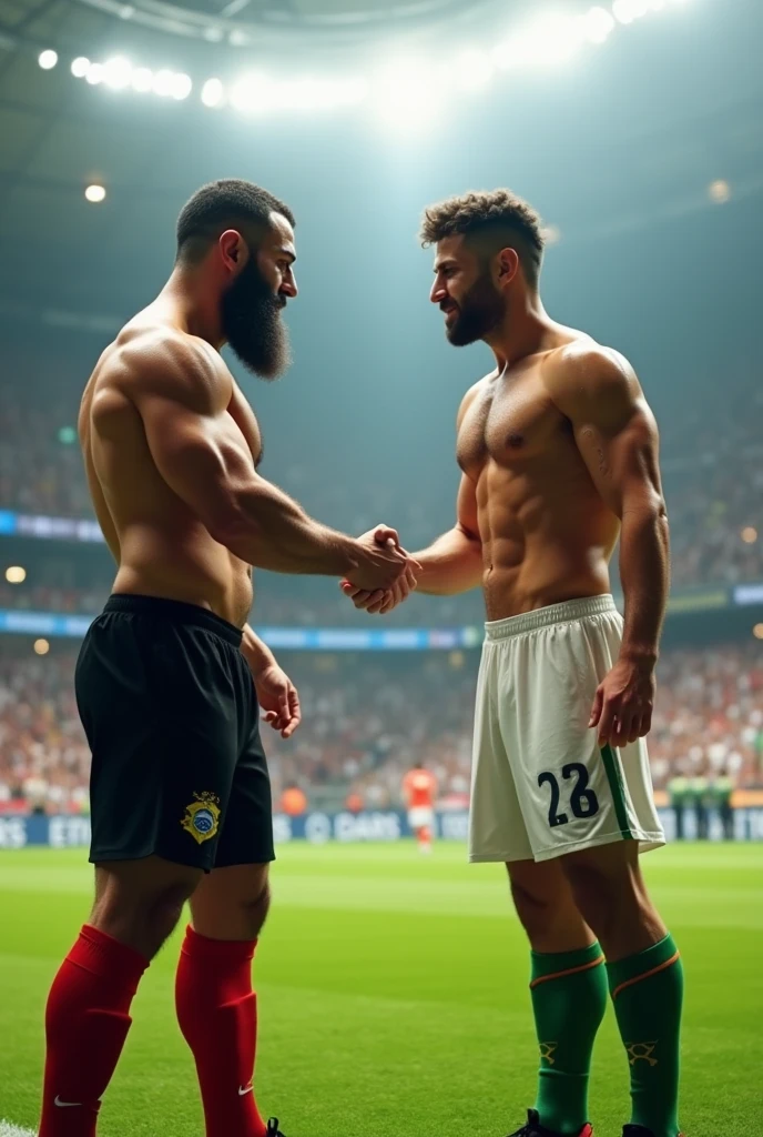 A muscular Iranian football player with hairy chest hair and beard, wearing no shirt, black shorts and red socks and black boots, shaking hands with a Brazilian soccer player, wearing no shirt, White shorts, in white socks and white boots, on the lawn of the large football stadium full of people.