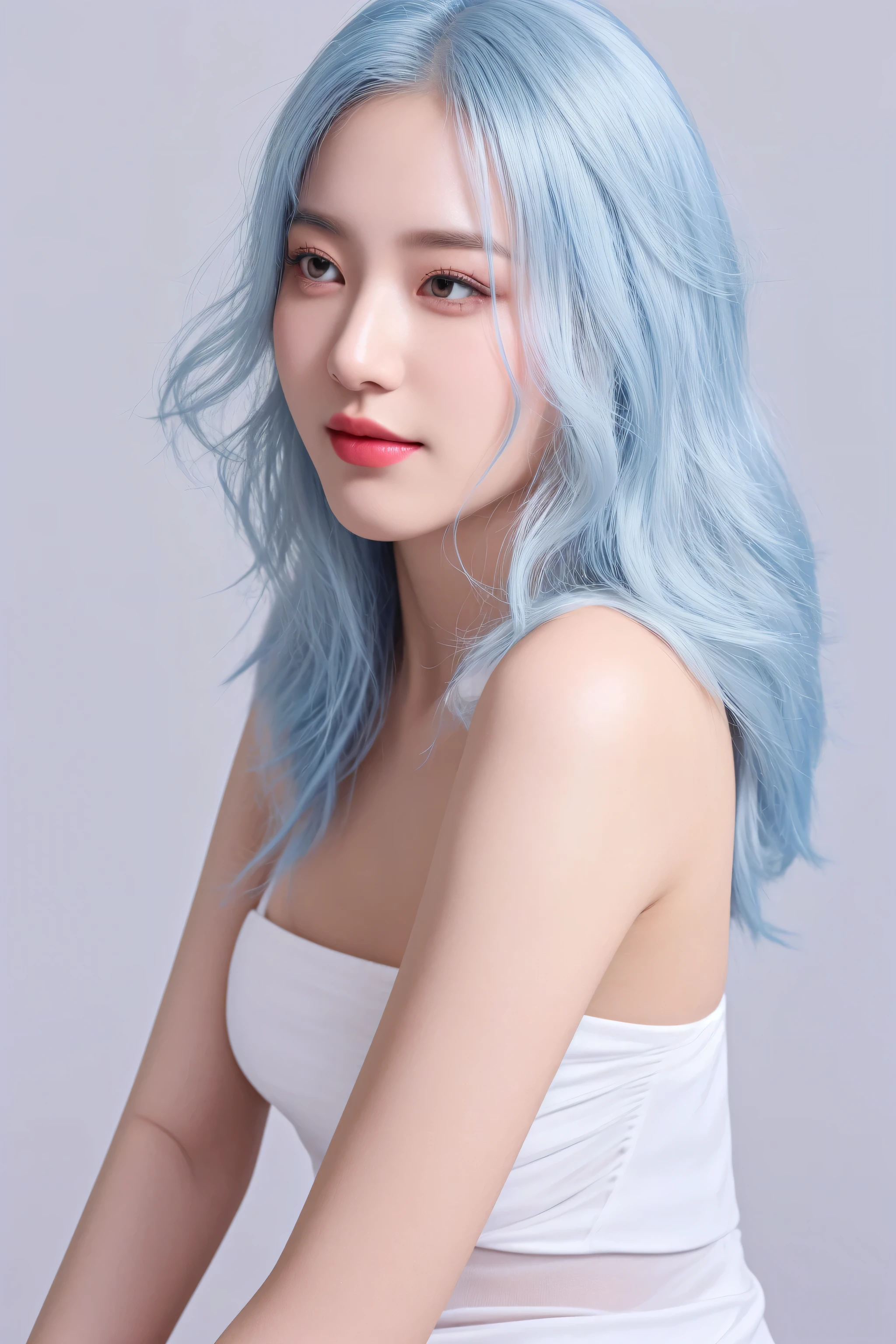 arafed woman with blue hair and a white top posing for a picture, light blue hair, pretty girl with blue hair, gorgeous young korean woman, beautiful young korean woman, portrait of female korean idol, beautiful south korean woman, sky blue hair, girl with blue hair, white hair color, korean girl, with blue hair, girl silver hair, blue-white hair