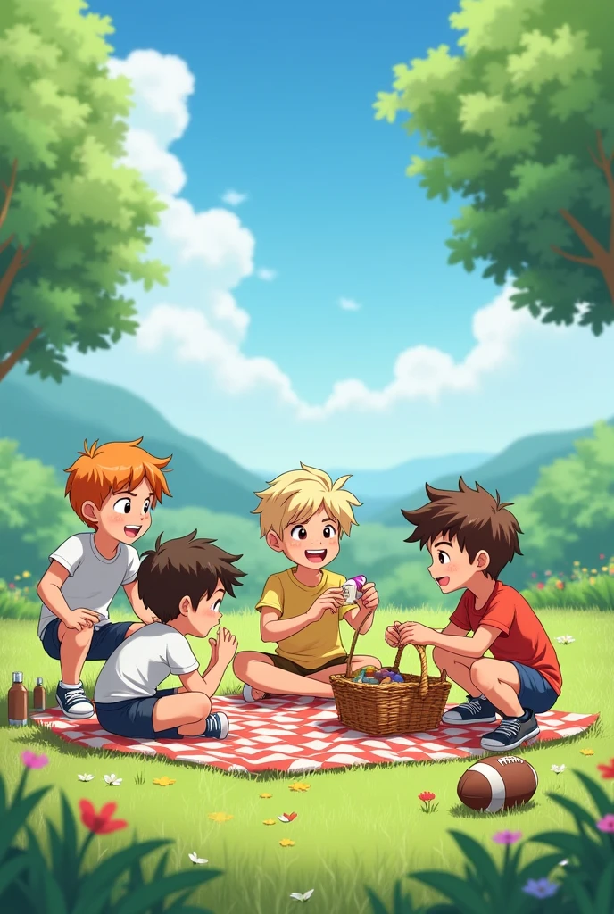 Generate photo of five boys doing picnic