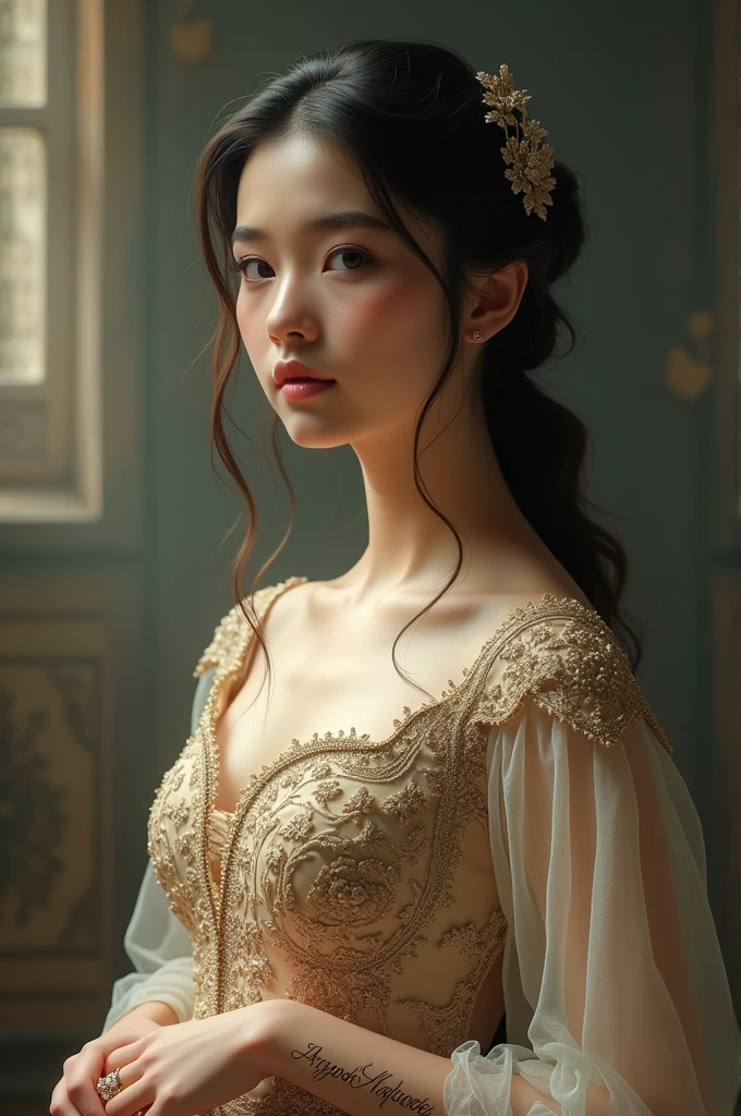 A girl in fancy gown name written on her wrist Arzoo maqbool