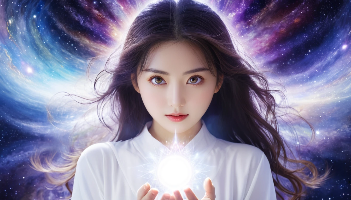 Highest quality, One person, Beautiful eyes, Looking at the camera(Show the whole body), universe,Mind Aura Cleansing,The whole body is purified,A beautiful woman with a beloved aura,universeで眠る