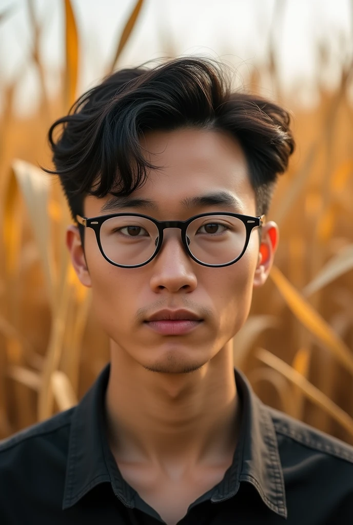 A handsome asian man, with glasses, selfie picture, in front of a corn field