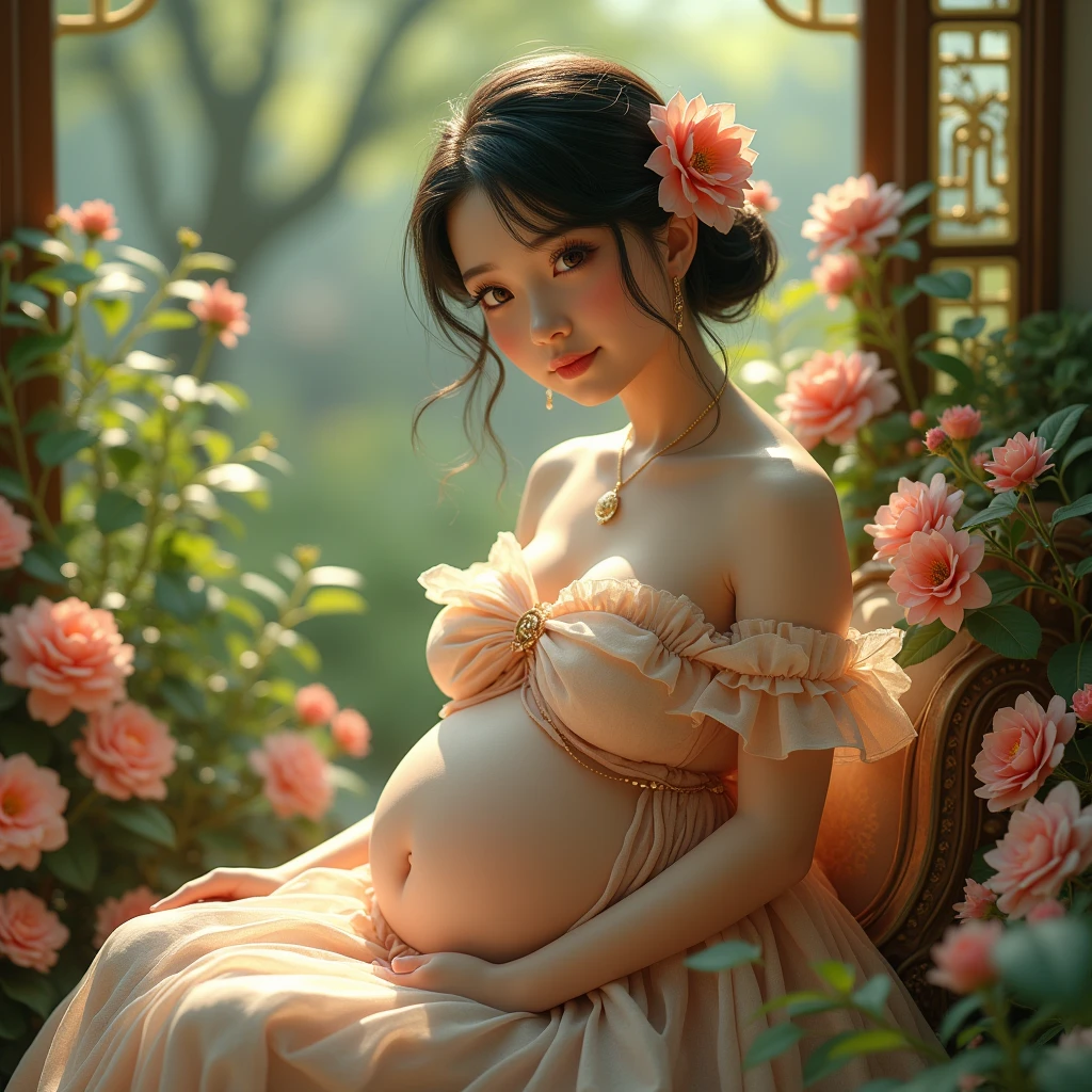 a chubby japanese girl, 1girl, beautiful detailed eyes, beautiful detailed lips, extremely detailed face, longeyelashes, very large breasts, detailed thighs, intricate details, warm colors, delicate skin, floral bikini, sitting in the garden, peaceful expression, soft lighting, cinematic lighting,ethereal atmosphere,lush verdant garden setting,ornate baroque style,ornate floral decorative elements, depth of field, cowboy shot, anatomically correct, textured skin, best quality, 4K, 8k, highres, masterpiece, super detail, accurate, UHD