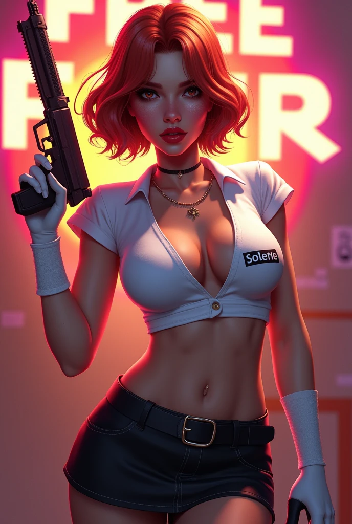 Freefire game style character all sexy, of skin jambo, short medium copper red hair, dark brown eyes, wearing red lipstick, wearing a short white low-cut blouse with the name SOLENE written on it and a short black skirt and socks with high white shoes, holding a beautiful mp5 and making a stylish pose, with colored background and the name of the game FREEFIRE behind.