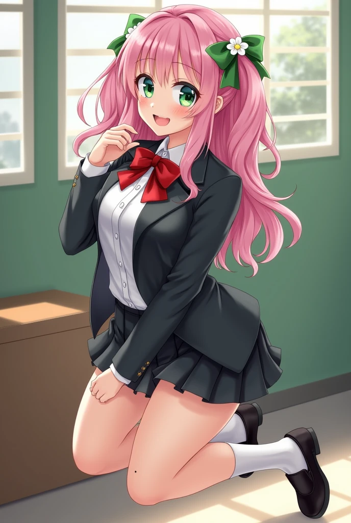 Hakari has shoulder-length pink hair decorated with white flowers and divided into two pigtails with green bows, a curvy body and green eyes. She wears a typical high school uniform with a black jacket, underneath a white shirt and a red bow and black skirt, as well as black loafers with white socks. Also like her mother, Hakari is very beautiful and curvy, a trait that some of the other girlfriends envy. She also has a mole on the back of her upper right thigh.