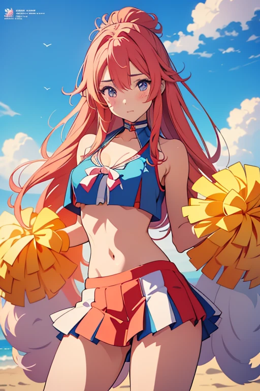itsukinakano, Itsuki Nakano, bangs, blue eyes, hair between eyes, Ahoge, Redhead, star \(symbol\), happy smile, smile, Open your mouth,hair ornaments, star hair ornaments,(cheer leading), (whole body), Big Breasts, Lower, (Sweaty), Sweaty Wet Clothes (Red clothes), No sleeve,Belly button support, playground, (Jump), (Jump), 足を曲げてJumpする, air, blue sky, Grass原, smileのチアリーダー, Pom-pom \(cheer leading\), Grass, whole bodyがイラストに入るように,
break outdoors, Stadium,
break looking at viewer, whole body,
break (masterpiece:1.2), Highest quality, High resolution, unity 8k wallpaper, (shape:0.8), (Fine and beautiful eyes:1.6), Highly detailed face, Perfect lighting, Highly detailed CG, (Perfect hands, Perfect Anatomy),