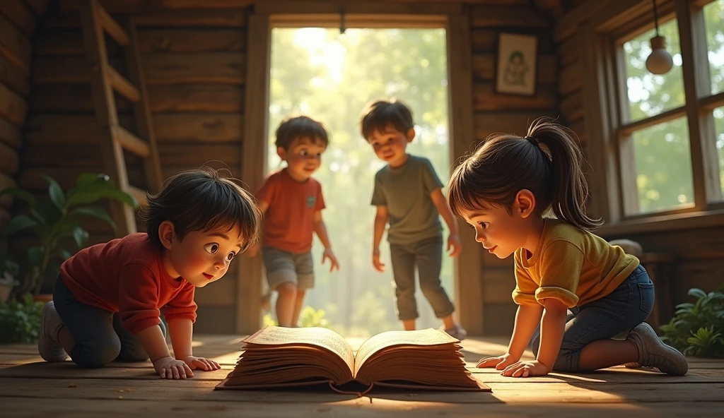 “The three children, curious and adventurous, climb up the treehouse, finding a dusty old book lying on the wooden floor, while the treehouse interior is cozy yet mysterious.”