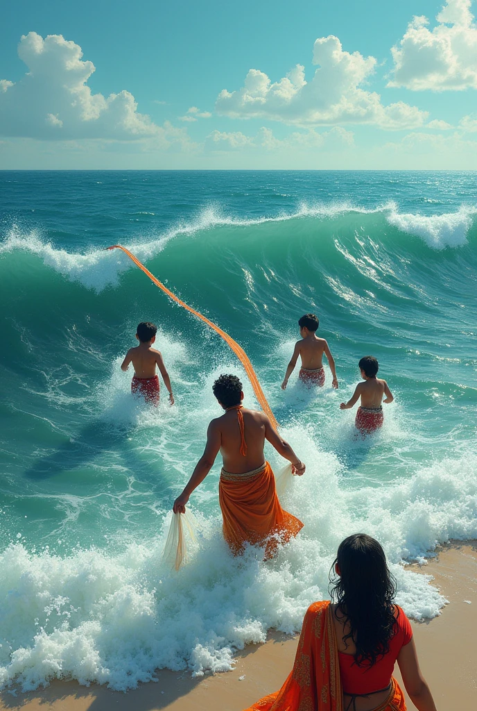 There is a sea. Three children are drowning in the sea. A 3 man is in the water to save the child. The man has a long saree in his hand. One part of the saree is held by the man and the other part is taken by the same sea. A 30 year old woman is crying and screaming on the shore.