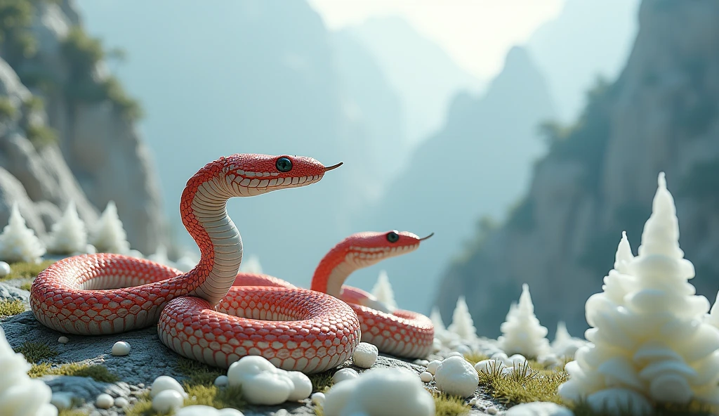 There are many white jades on the mountain,There are also many pit vipers with red and white rings and spikes on their noses.(best quality,4K,8k,High level,masterpiece:1.2),Ultra Detailed,(lifelike,Photo real,Photo real:1.37)