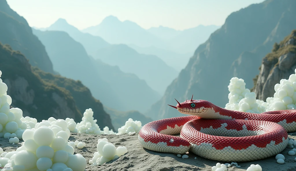 There are many white jades on the mountain,There are also many pit vipers with red and white rings and spikes on their noses.(best quality,4K,8k,High level,masterpiece:1.2),Ultra Detailed,(lifelike,Photo real,Photo real:1.37)