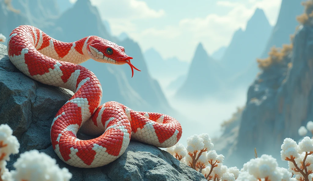 There are many white jades on the mountain，There are also many pit vipers with red and white rings and spikes on their noses.（best quality，4K，8k，High level，masterpiece：1.2），Ultra Detailed，（lifelike，Photo real，Photo real：1.37）