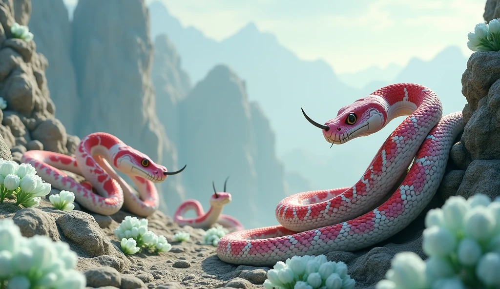 There are many white jades on the mountain,There are also many pit vipers with red and white rings and spikes on their noses.(best quality,4K,8k,High level,masterpiece:1.2),Ultra Detailed,(lifelike,Photo real,Photo real:1.37)
