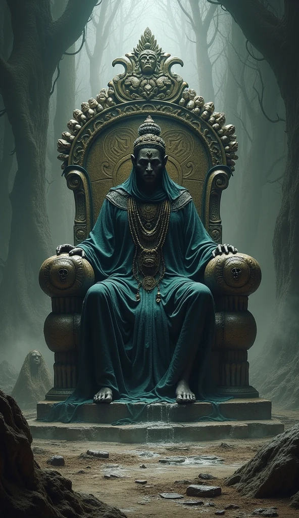 Yamaraj's Realm**: A dark, mystical realm with an imposing throne made of bones and skulls, with Yamaraj sitting on it.