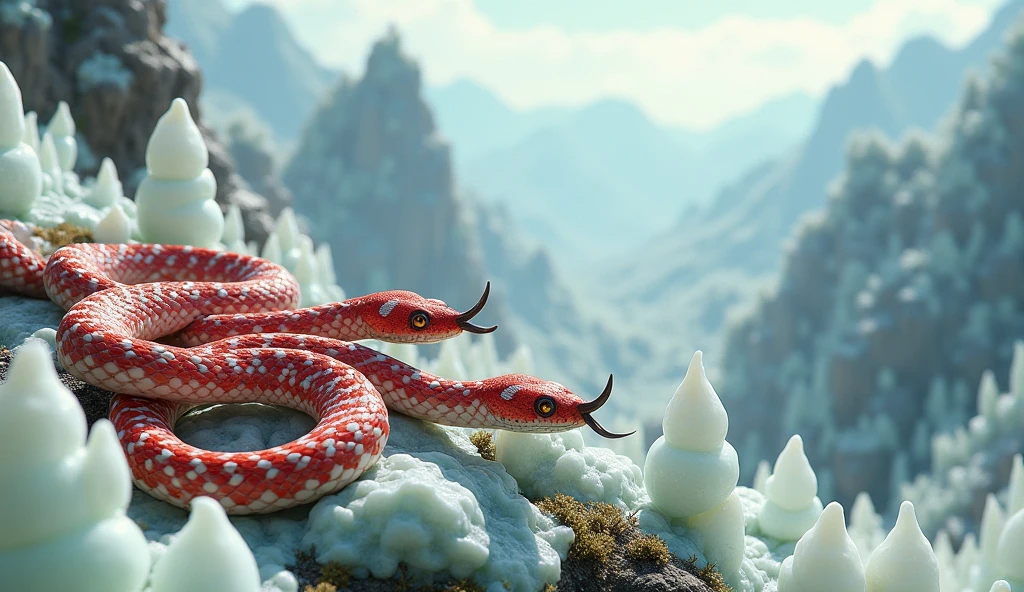 There are many white jades on the mountain,There are also many pit vipers with red and white rings and spikes on their noses.(best quality,4K,8k,High level,masterpiece:1.2),Ultra Detailed,(lifelike,Photo real,Photo real:1.37)