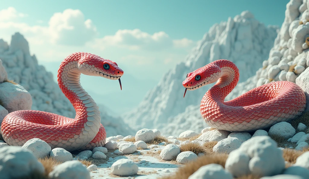 There are many white jades on the mountain,There are also many pit vipers with red and white rings and spikes on their noses.(best quality,4K,8k,High level,masterpiece:1.2),Ultra Detailed,(lifelike,Photo real,Photo real:1.37)
