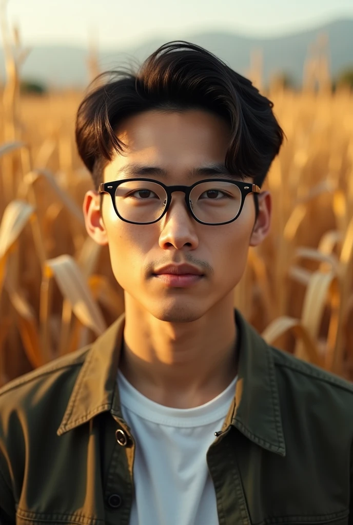 A handsome asian man, with glasses, selfie picture, in front of a corn field