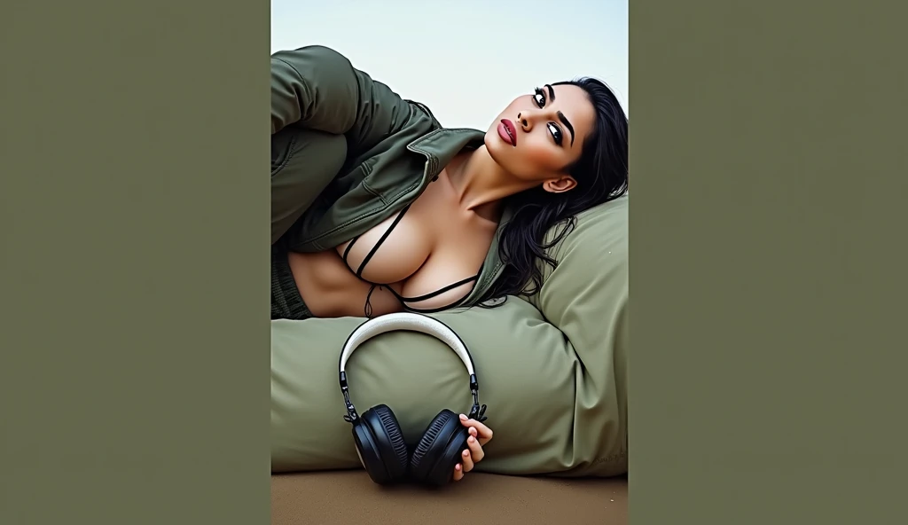 Bright sunny day scene, full body of SEXIEST 45YO MILF AISHWARYA RAI, army commando lady, sweat on body, headphone on sweaty cleavage, MEDIUM breasts, mature milf thick curvy figure, posing in desert, black pants and boots and crop top, wet hair, seductive face, look at camera and winking, black ponytail hair, erotic adult face, 45yo, soft volumetric lights, (backlit:1.3), intricate details, (ArtStation:1.2)