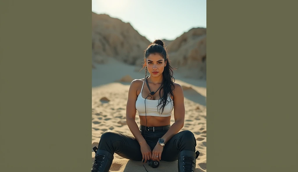 Bright sunny day scene, full body of SEXIEST 45YO MILF AISHWARYA RAI, army commando lady, sweat on body, headphone on sweaty cleavage, MEDIUM breasts, mature milf thick curvy figure, posing in desert, black pants and boots and crop top, wet hair, seductive face, look at camera and winking, black ponytail hair, erotic adult face, 45yo, soft volumetric lights, (backlit:1.3), intricate details, (ArtStation:1.2)
