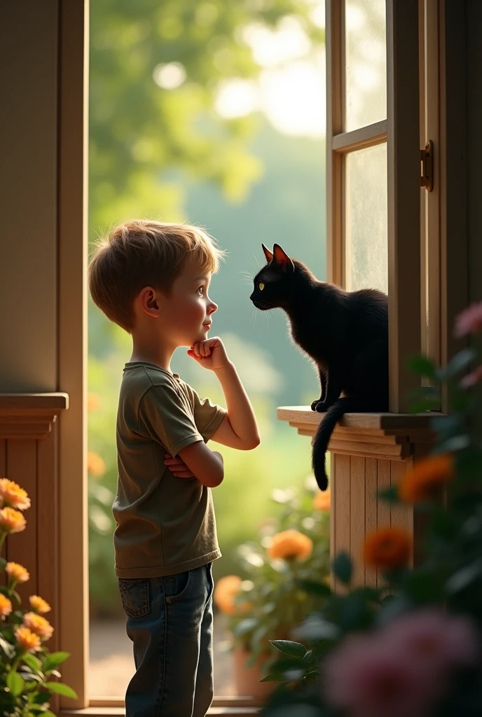 A boy and a black cat is looking at each other beside a opened glass window . The cat has sit on the window. The boy is standing outside of the house and has kept his hand on the lower part of the window and his wrist under his muzzle. In the background there is nature. In the left side of the background there are flowers plant. The picture has been taken from the inside of the house.But the boy is standing at the outside of the house . The picture only shows her upper chest.