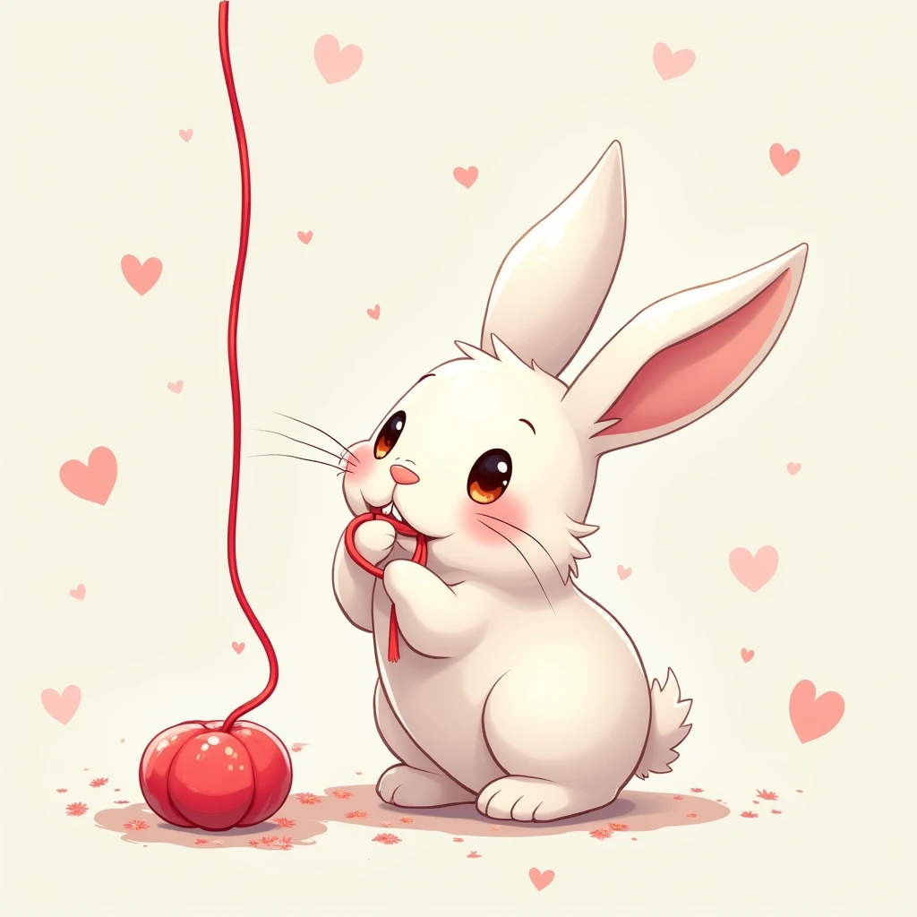 Pulling at the red thread of fate、Cute white rabbit illustration、Anime Style,
