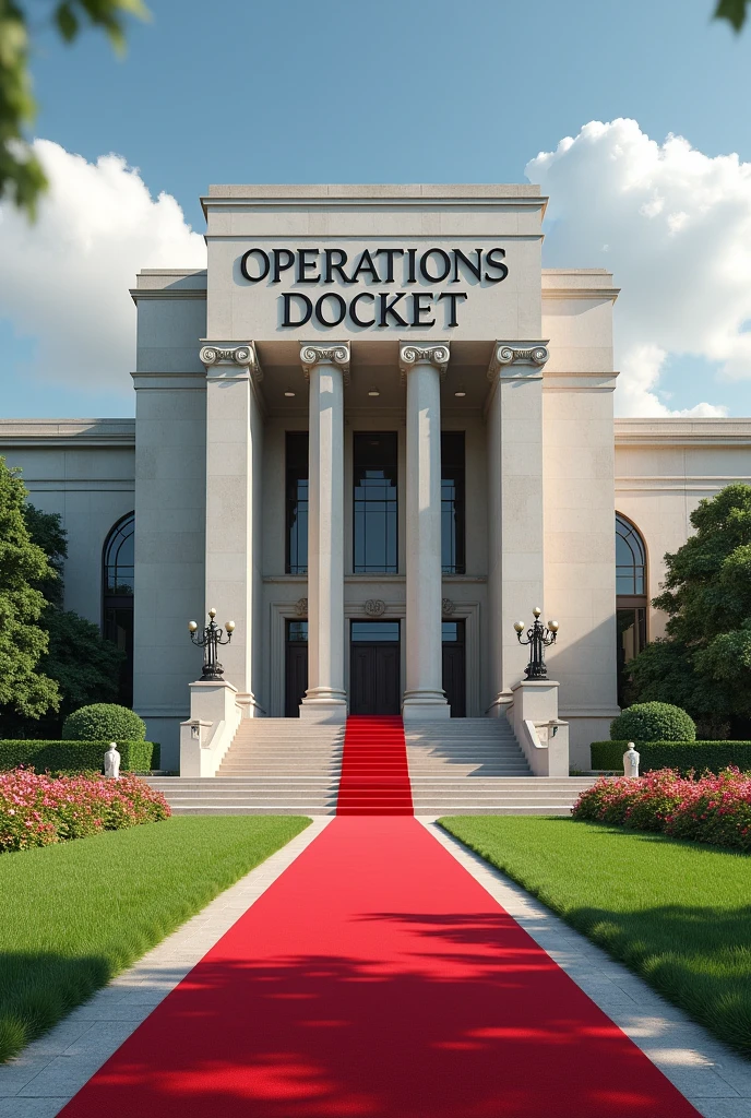 Create a building with American, state design with a full view and a concrete on the building written OPERATIONS DOCKET on it's own compound with Grass and flowers with red carpet on entrance