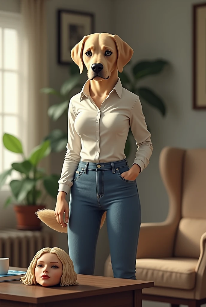 (raw photo, best quality) , (realistic, photo-realistic: 1.4), extremely formidable general plan, masterpiece, ultra-detailed, high resolution, best illustration, best shadow, complex, depth of field, very beautiful anthropomorphic labrador woman who can walk on both hind legs, she wears blue jeans, white shirt, she has a nice tail, she is in a salon, she removes from her head a realistic mask of the head of beautiful human woman made of silicone rubber, action unmasked, she rips the mask of human woman made of silicone rubber out of her face, Details of the mask folds, 8k photorealistic style, DSLR, high quality, (film grain: 1.4), Fujifilm XT3,