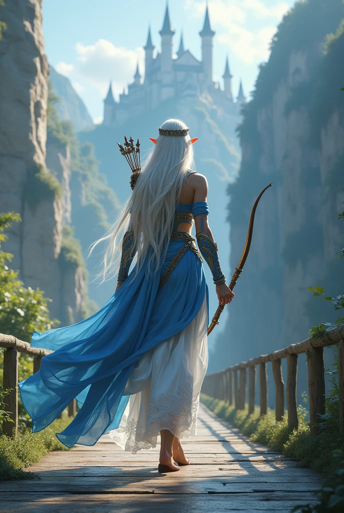 A full-body portrait of a very beautiful adult female elf, wearing a blue and white outfit while carrying a bow. The background is her walking on a bridge between the ends of a cliff and on the ruins of a magnificent castle. This scene is a very realistic, highly detailed and professional 3D digital art. 64k resolution