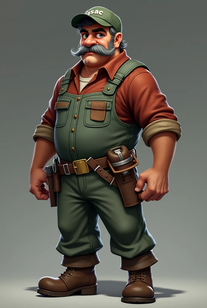 Personnage inspiré d'un réparateur avec des outils attaché a sont bassin une casquette verte très foncé ou il a écrit isaac déçu des vêtements de réparation marrons mélangé a du rouge foncé un pantalon de réparateurs qui es marron mélangé a du vert très clair des chaussures de réparateur une moustache des yeux noir est blanc avec un charisme dans un jeux vidéo