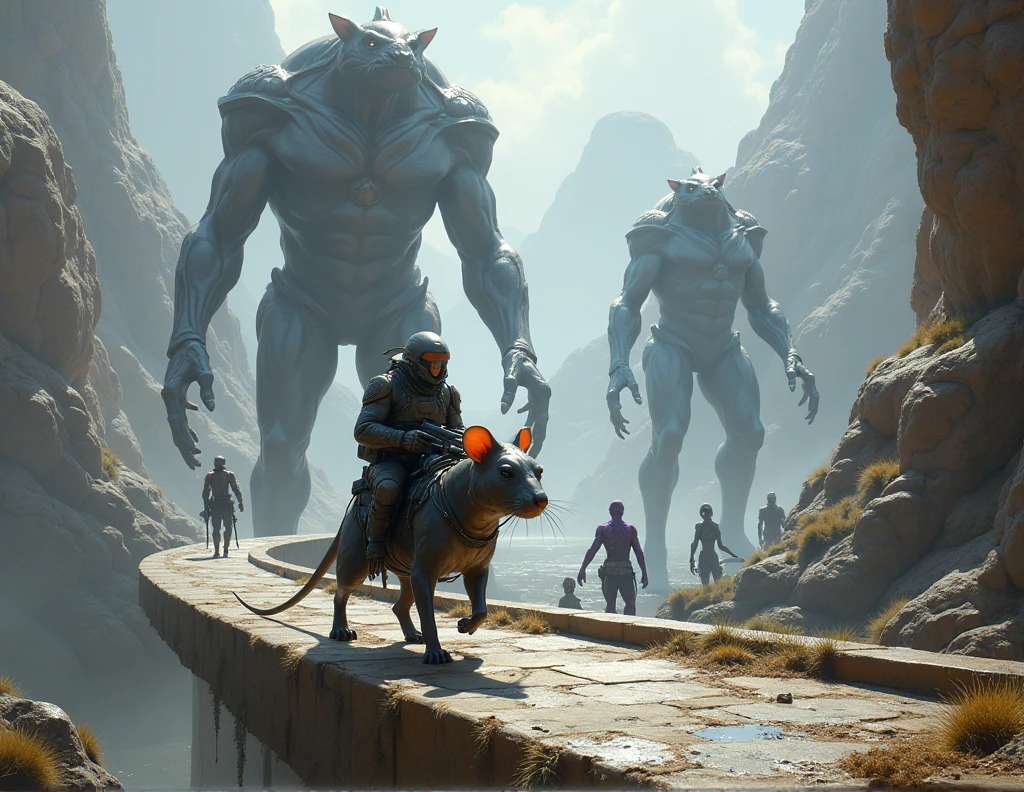 a man human, tiny in futuristic intergalactic agent combat clothing riding an alien rat, riding on a giant&#39;s causeway in a city of giants, the giants are alien beings, one of them is reptilian the other is hairy with claws, in the background other giants, some are human, purple skin