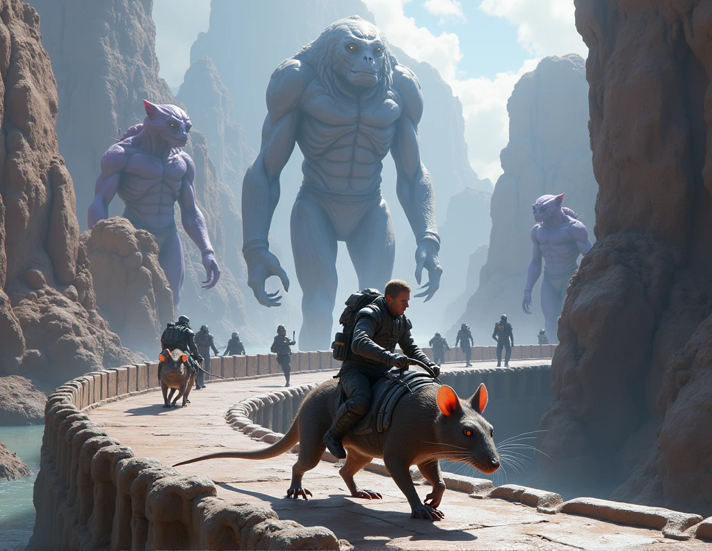 a man human, tiny in futuristic intergalactic agent combat clothing riding an alien rat, riding on a giant&#39;s causeway in a city of giants, the giants are alien beings, one of them is reptilian the other is hairy with claws, in the background other giants, some are human, purple skin