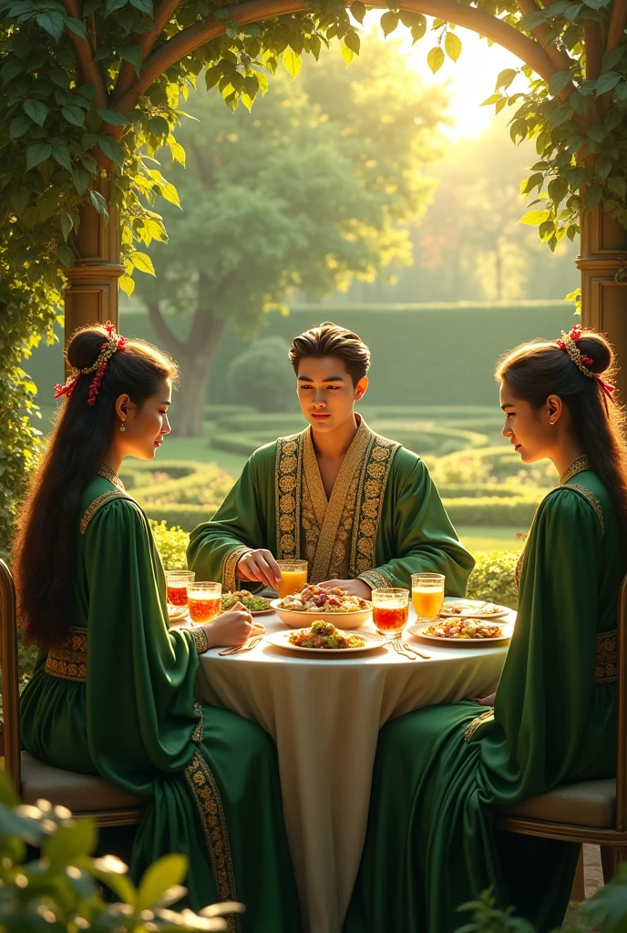 In big green garden set’s a young king with his two wife’s wearing green silk with golden light eating